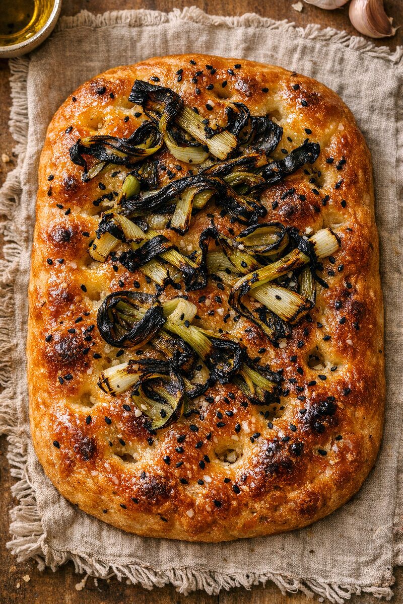 Focaccia pugliese with miso glaze, charred spring onion ribbons and black sesame seeds