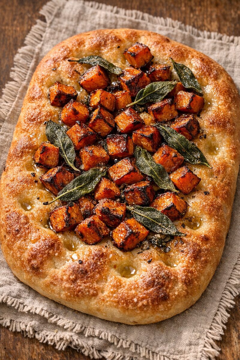Focaccia pugliese topped with caramelised yakiimo cubes and crisp sage leaves