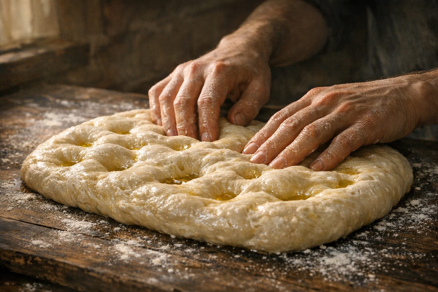 Hands dimpling sourdough focaccia dough on a flour-dusted wooden surface