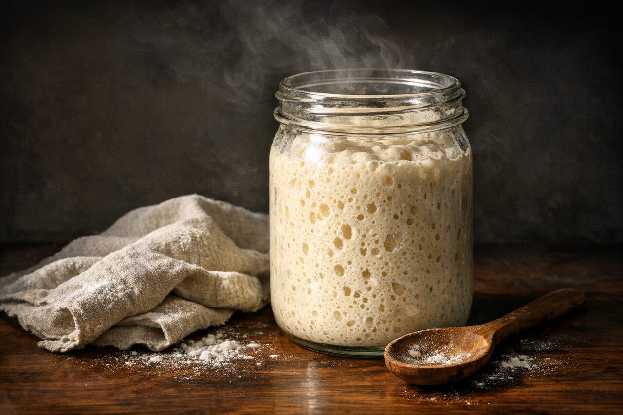 Active sourdough starter in a glass jar, full of bubbles