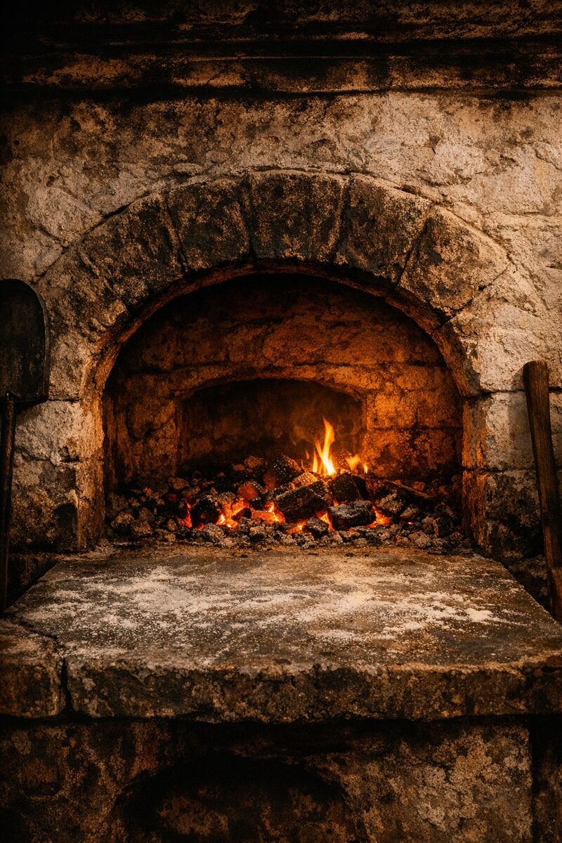 Glowing embers inside a traditional Puglian wood-fired stone bread oven